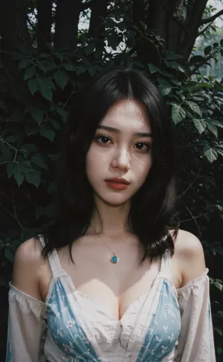 Portrait of a young woman in bohemian chic style wearing layered necklaces, posed against lush foliage and rustic wooden backdrop with dappled sunlight.