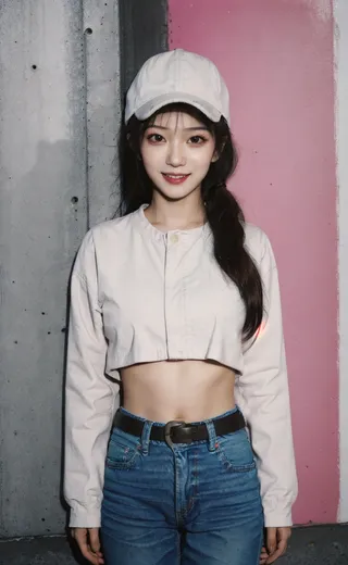 Portrait of a petite girl wearing a white crop jacket and denim jeans, with a white cap, standing against a pink and grey urban wall background.