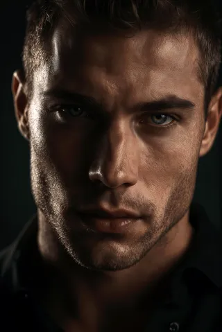 Close-up photorealistic portrait of a man with a chiseled, angular face illuminated by dramatic side lighting, casting sharp shadows and highlighting textured skin.