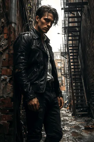 A figure in a worn black leather jacket stands in a dark, narrow alleyway with crumbling brick walls and fire escapes, illuminated by sharp, dramatic side lighting.