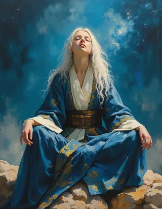 Hyper-realistic oil painting of a serene young female Jedi Knight meditating with eyes closed, dressed in ornate blue and gold robes, seated on rocky terrain under a vibrant, starry sky.