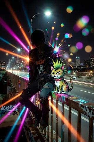 A punk style figure sitting on a graffiti-covered bridge railing at night in an urban city, illuminated by vibrant colored bokeh lights with a cartoon punk Mohawk cat beside them.