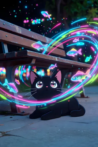 Black chibi anime cat with big awestruck eyes lying under a park bench surrounded by vibrant neon fish-shaped lights and colorful streaks at night with bokeh effects.