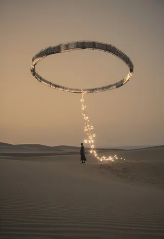 A desert under a dull amber sky with a massive floating ring overhead and a faceless traveler dragging a glowing ribbon with symbols.