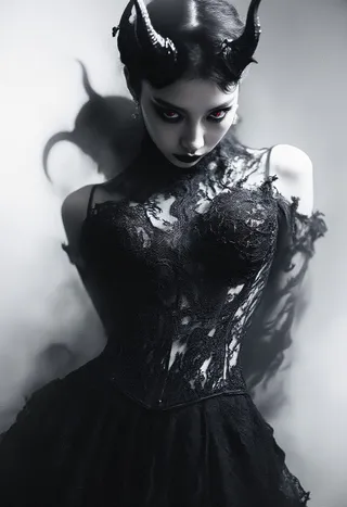 Upper-body portrait of a demonic noble styled as a K-pop idol, adorned with curved black horns, red eyes, and a living black lace corset with vein-like patterns.