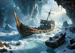A realistic, hyperdetailed painting of a shipwreck stranded in icy waters with enchanting, glowing light illustrating a dramatic frozen scene.