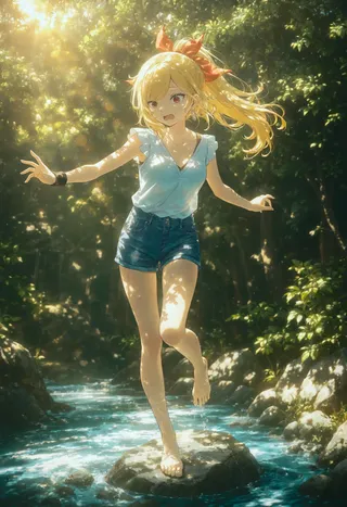 Anime girl with blonde hair tied in a red ribbon stands barefoot on a rock in a river, surrounded by lush green foliage and soft volumetric lighting.