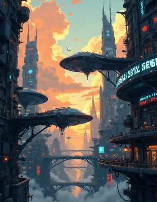 A futuristic cityscape at sunset with vibrant clouds and vintage style flying ships docked alongside towering cyberpunk buildings illuminated by neon signs.
