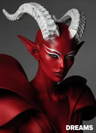 Portrait of a Nordic demon with flawless crimson skin, white marble curved horns, sharp white eyeliner, and avant-garde red couture fashion against a smoky backdrop.