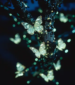 Bioluminescent butterflies emitting soft green light resting on a dark tree branch with circuit-board-like patterns at night, with bokeh background.