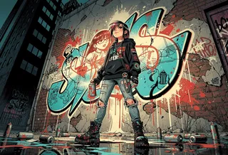 Emo punk teen girl stands confidently in a ruined city alley holding a spray can, with a large, colorful graffiti mural on a cracked wall behind her, in bold graphic novel style.