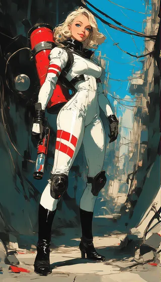 Full-body view of a blonde woman in a white and red spacesuit holding a retro red and silver ray gun, standing in a narrow urban alleyway with blue sky and debris.