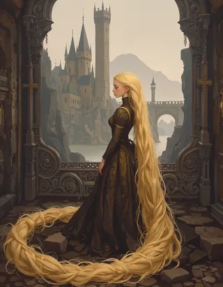 A pale, serene young princess resembling Rapunzel in a Victorian dark dress, standing inside a gothic castle with surreal architecture and extremely long blond hair braided on the floor.