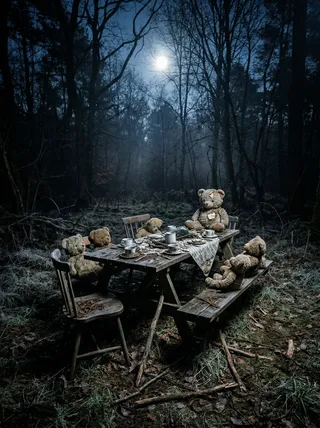Disturbing scene of worn teddy bears seated around a rotten wooden table in a moonlit forest clearing with decayed food and foggy atmosphere.