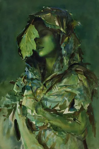 Watercolor portrait of a woman with smooth green skin wearing a textured leaf cloak and hood, facing left with upper face in shadow and a dark green background.