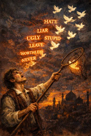 A regretful young man with a butterfly net catching a glowing white sparrow as hurtful words like 'HATE' and 'LIAR' transform into birds flying into a stormy twilight sky over a silhouetted cityscape at sunset.