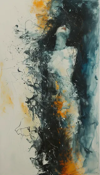Abstract painting featuring a female silhouette at the center, with dynamic brushstrokes and a tricolor palette dominated by dark tones, orange, and muted blue, creating an expressionistic and textured effect.