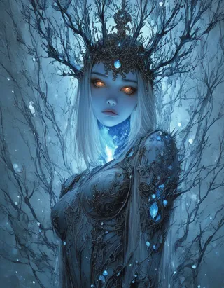 A mystical female figure with glowing amber eyes and silver-white hair, adorned with intricate metallic and icy crown, surrounded by a blue-toned crystal-textured environment.