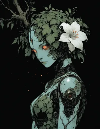 A semi-realistic cyborg with pale blue skin and glowing orange eyes, partially covered with green leaves and branches, featuring a large white flower on the head against a black background.