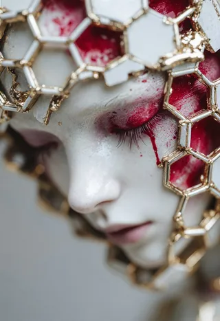 A surreal close-up of a porcelain-like face with closed eyes emerging through a fragmented honeycomb structure with metallic gold edges and vibrant red paint splattered on the left eye and cheek.