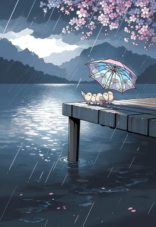 Small flock of birds huddled under a decorative umbrella on the edge of a wooden pier by a rainy lake with cherry blossoms overhead and a cloudy sky.