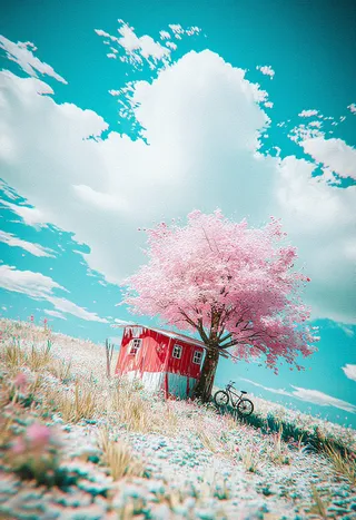 A small weathered red wooden house slightly tilted on a gentle hill, standing next to a large blooming pink cherry blossom tree with a bicycle leaning against the tree, under a vast sky with thick turquoise and white clouds.