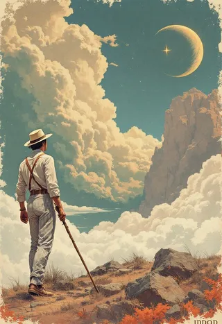 A vintage-style illustration of a man in 1920s fashion standing on rocky terrain with a walking stick, gazing at a dramatic cloudscape under a crescent moon with a bright star.