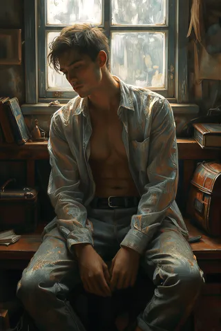 Photorealistic image of a handsome man sitting cross-legged on a worn wooden bench in a dim vintage room, illuminated by soft, diffused light from a water-stained window.