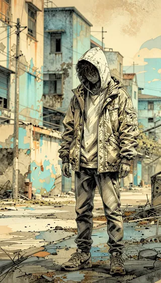 A boy stands in an abandoned urban setting wearing a hoodie and jacket, depicted in digital manga style with Japanese ink and watercolor influences, featuring muted pastel colors and weathered textures.