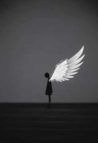 Silhouette of a girl with detailed white swirling wings standing off-center against a grey ashen wall background, displaying minimalist composition and high contrast lighting.