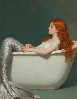 Oil painting of a petite red-haired mermaid with a large shimmering silver tail reclining in a white bathtub, set against a dark green background, displaying cinematic and dramatic lighting.