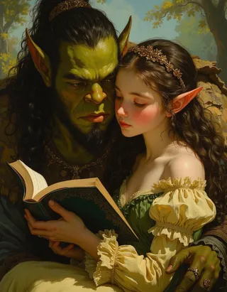 Oil painting of a young elf princess and a green-skinned orc reading a book together in a romantic fantasy setting, painted in the style of Rembrandt.