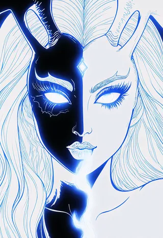 Close-up illustration of a feminine character wearing a Hanya mask with oni horns, split face glowing neon blue and white, with smoke emitting from the mouth and dark glowing eyes.