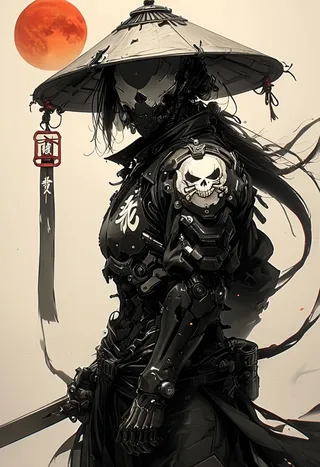 Black and white cyborg samurai assassin in a high collar motorcycle jacket with Japanese writing, a large sedge hat, and skeletal armor, standing with a sword.