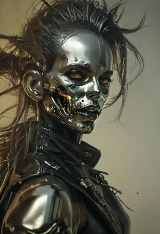 Close-up portrait of a hyperrealistic cyberpunk cyborg samurai skeleton with a reflective metallic skull, wearing a black leather jacket and with disheveled hair in cinematic lighting.