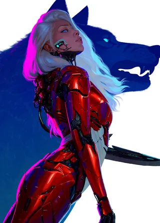 Cyberpunk female cyborg with white hair and blue eyes wearing red armored plating, posed against a white background with a large blue wolf shadow behind her.