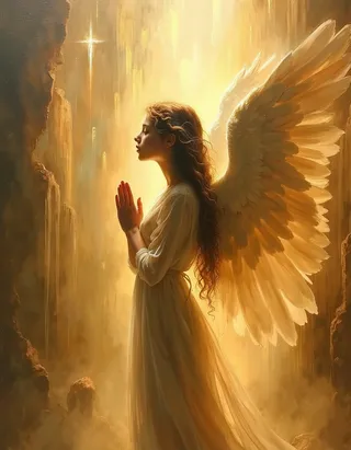 A hyper-realistic oil painting of a young angel in prayer, bathed in golden light with large detailed wings, rendered with Rembrandt style lighting.