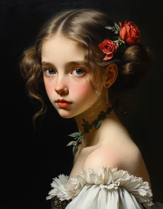 Oil painting of a fragile teen duchess with delicate features, styled hair adorned with red roses, wearing off-shoulder dress with white floral details against a dark background.