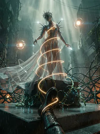 A thorn-crowned regal figure stands poised on an overgrown pedestal entwined with thorny lattice in a rain-soaked urban decay setting, illuminated by god rays and glowing spiral coils.