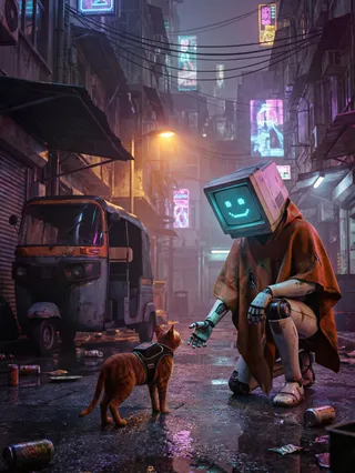 A humanoid android with a vintage CRT monitor head and an orange poncho kneeling and reaching out to a ginger tabby cat wearing a black harness in a wet neon-lit urban alleyway with a rusty auto-rickshaw nearby under volumetric fog.