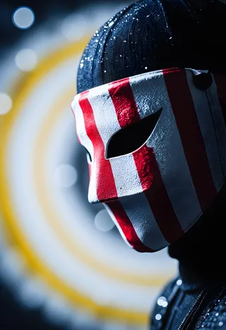 Close-up of a mysterious figure wearing a ninja-style mask with red and white stripes, set against a vivid whirlpool background with glittering bokeh and swirling yellow, white, and blue light.