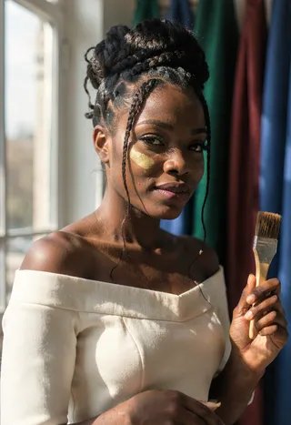 A stunning French-Senegalese woman with glowing dark skin and a gold pigment smudge on her cheek stands in a Paris atelier holding a paintbrush, surrounded by jewel-toned silks.
