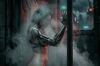 A cyberpunk-themed android with a detailed robotic arm stands behind a rain-covered glass, showering amidst a foggy, futuristic cityscape.