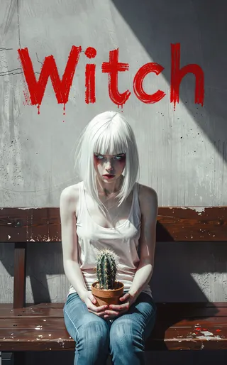 A very pale albino woman with a short white bob haircut and straight bangs sits on a worn dark wooden bench holding a small potted cactus. Behind her, the word 'Witch' is roughly written in bright red lipstick on a gray concrete wall. She wears blue jeans and a white tank top, with a piercing, desperate expression.