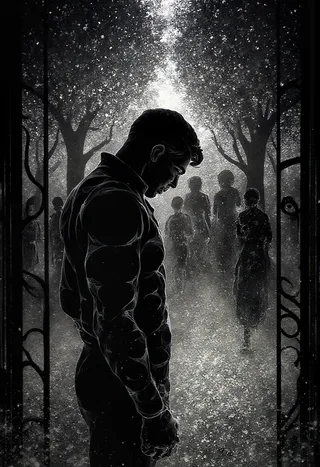 Monochrome painting of a muscular man standing solemnly before iron gates, with shadowy noble figures and trees visible in the background.