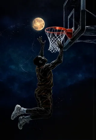 Silhouette of a basketball player jumping towards a hoop at night, about to dunk a glowing moon shaped like a basketball.