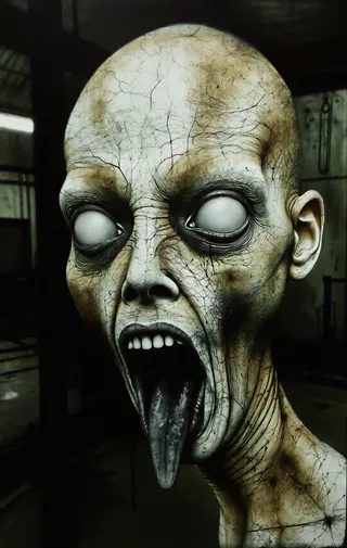 Close-up of a reaver's gaunt face with milky white eyes, cracked pale skin, and an elongated tongue; set against dim industrial decay with sickly green lighting.