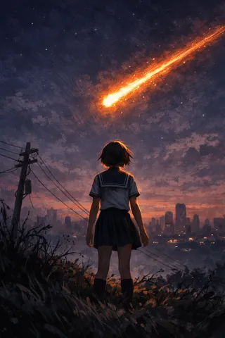 Anime-style digital painting of a lone schoolgirl viewed from behind standing on a grassy ridge looking at a bright meteor streaking across a starry night sky above a distant city.