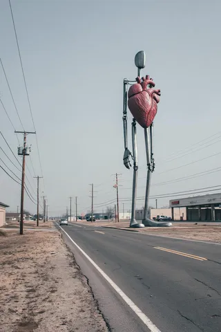 Colossal humanoid sculpture with a large red heart as torso and metallic limbs standing on a desolate asphalt road under an overcast sky with power lines in the background.