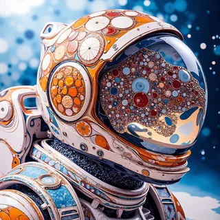 Close-up of a highly detailed 3D model of a sci-fi spacesuit featuring marquetry-style circular patterns with prismatic glow and fibonacci layered dodecahedron structures.